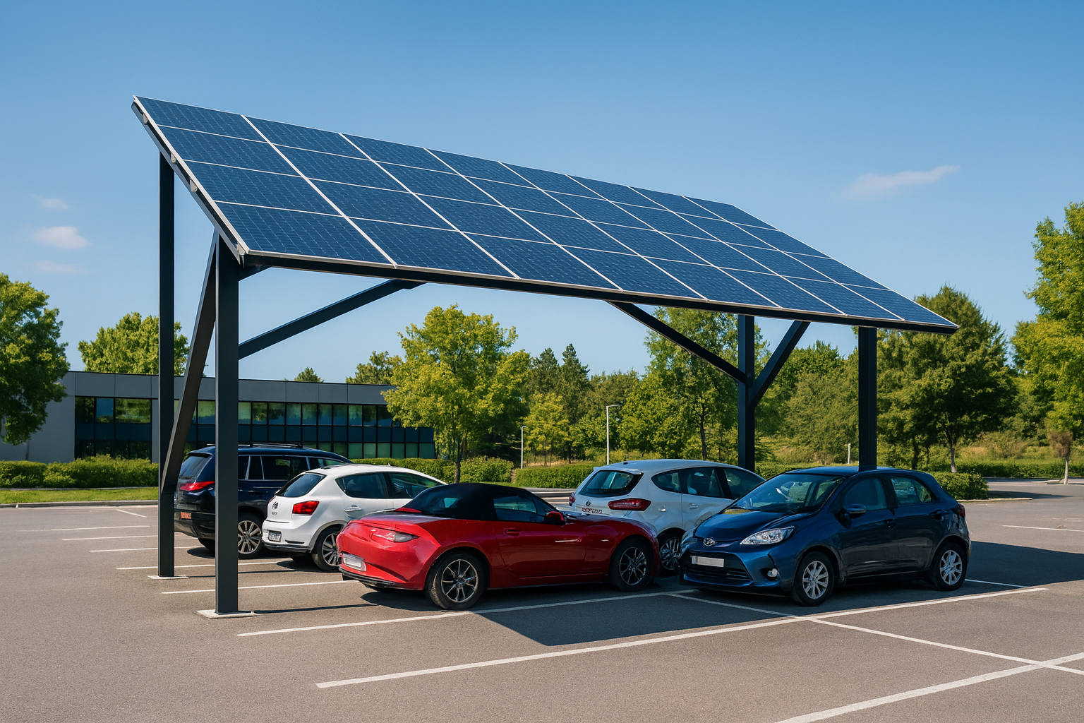 Ombrière photovoltaïque installée sur parking d’entreprise avec plusieurs voitures stationnées