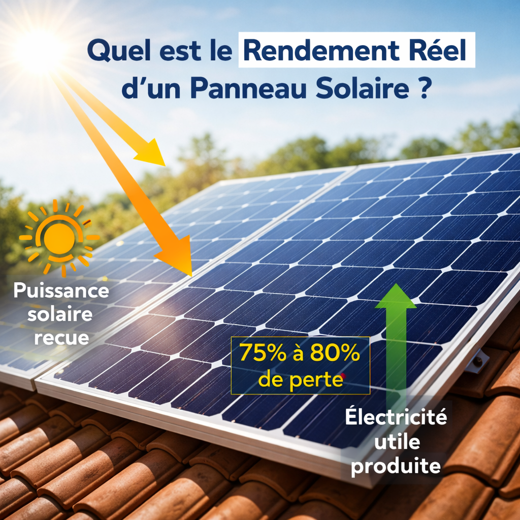 Rendement réel d’un panneau solaire montrant la différence entre énergie reçue et électricité produite