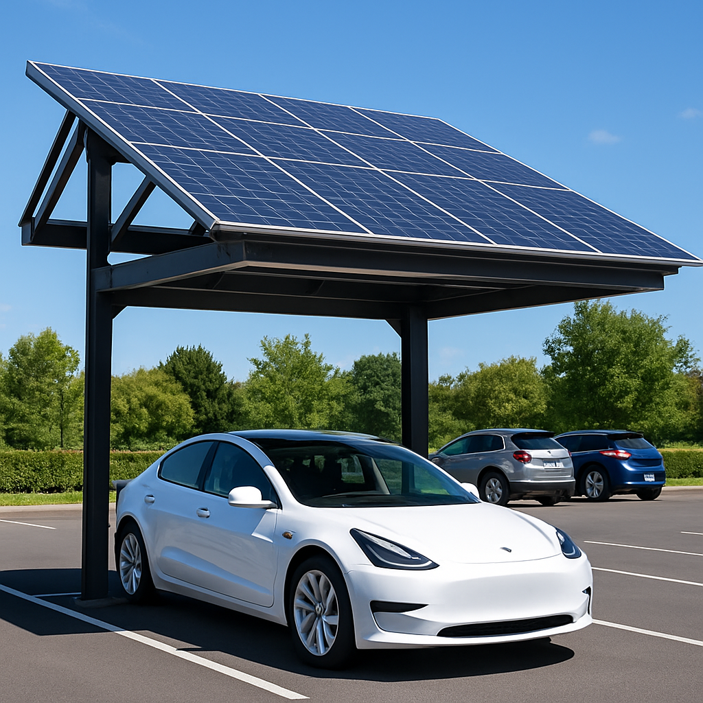 Ombrière photovoltaïque de parking avec panneaux solaires protégeant un véhicule électrique